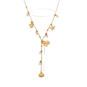Golden ocean theme Y-necklace featuring starfish, turtle, shell, and pearl charms
