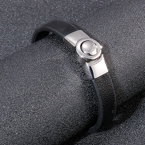 Minimalist black braided leather bracelet for men with silver stainless steel clasp