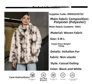 Detail specifications of black and white faux fur coat with 100% polyester fabric details