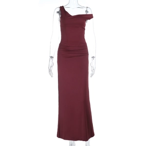 Detailed close-up of wine red slim-fit dress texture and off-shoulder neckline on mannequin