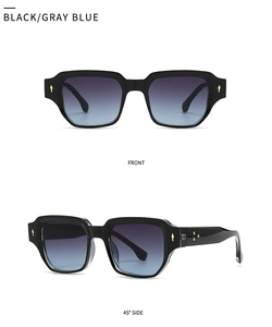 Front and side view of square retro sunglasses with black frames and gray blue lenses