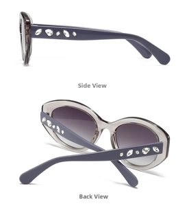 Detail showing side and back view of oval sunglasses with rhinestone-encrusted temples