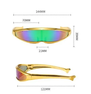 Detailed size chart of futurist Y2K cycling sunglasses showing frame and lens dimensions