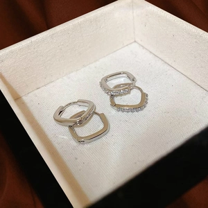 Set of four geometric square hoop earrings in silver finish with pavé cubic zirconia