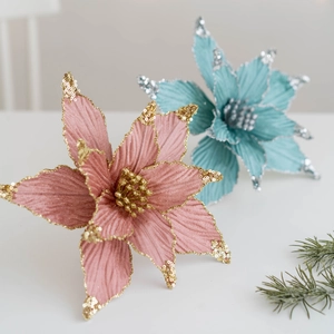 Champagne and blue 25cm sequined Christmas poinsettia flowers for tree decoration