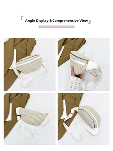 Multi-angle views of a woven beige and white crossbody bag with gold-tone hardware