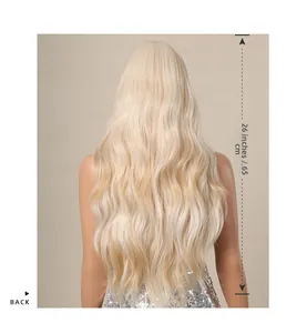 Back view of a 26 inch long wavy blonde wig with realistic synthetic hair texture
