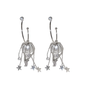 Silver star tassel earrings with white pearls and sparkling zircon in a C-shape design