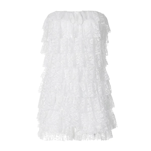 Elegant white lace strapless tiered romper with delicate bow detail for summer