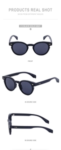 Detailed views of oval sunglasses featuring vintage frames and gold rivets from multiple angles