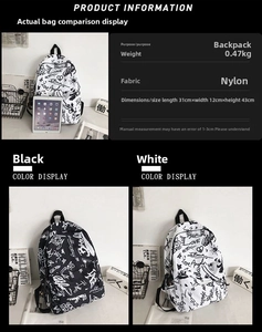 Detailed spec sheet for graffiti nylon backpack showing dimensions 31x12x43cm and 0.47kg weight