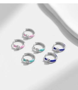 Close-up of S925 sterling silver colorful enamel hoop earrings with heart-shaped zircon