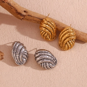 Fashion 18K Gold Plated Stainless Steel Hammered Texture Button Stud Earrings Vintage Geometric Metal Earrings For Women Jewelry