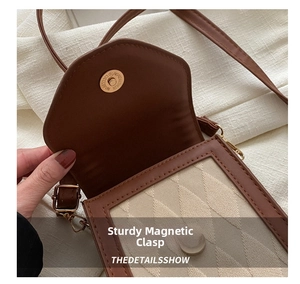 Détail du fermoir magnétique doré sur un petit sac carré tissé beige et marron chic