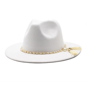 Elegant white wool fedora hat featuring pearl gold chain and tassel trim for women