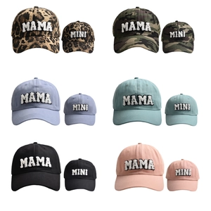 Matching MAMA MINI leopard and camo baseball caps in six colors with chenille embroidery