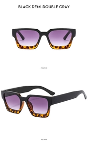 Front and 45-degree side view of square sunglasses with black demi frames and purple lenses