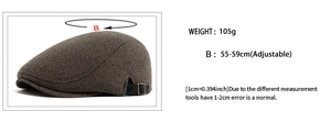 Detail view of brown textured flat cap with adjustable metal buckle, weight 105g, size 55-59cm