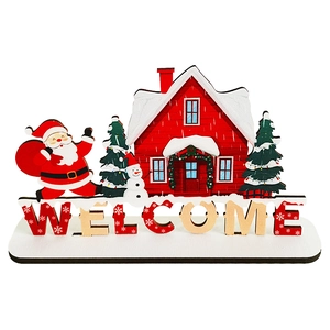 Detail of wooden Christmas Santa stand with Welcome text and 3D layered festive design