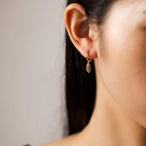 S925 silver ice cream drop earrings with gold metal hoops and black textured pendants