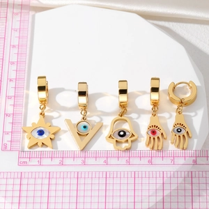 Golden stainless steel evil eye charm earrings in five styles with size measurement ruler