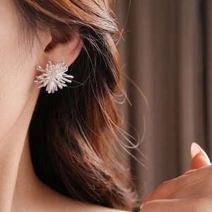 Close-up of silver firework-shaped stud earrings with zircon details on a model