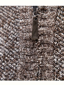 Detail of half-zip sweater showing mixed brown knit texture and durable metal zipper