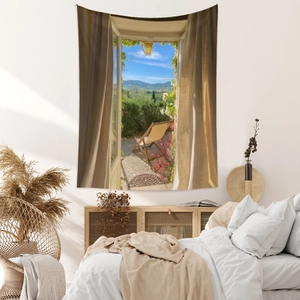 Detail of bohemian tapestry featuring a realistic Italian window scenic landscape view