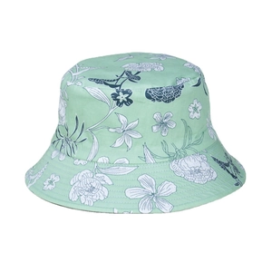 Light green floral bucket hat with hand-painted peony patterns and wide sunshade brim