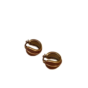 Retro bronze gold hoop earrings with brown glazed enamel wave texture in French style