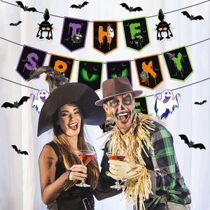 Festive Halloween party banner with ghost bat wall stickers and themed decorative flags