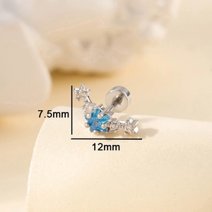 Silver curved star stud earring with blue and white zircon stones in 7.5x12mm size