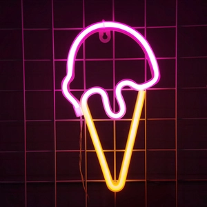 Pink and yellow ice cream LED neon sign hanging on black grid for bedroom wall decor