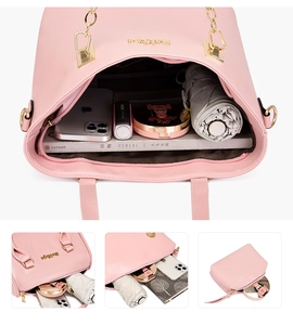 Detailed internal view showing large capacity storage for daily items in pink tote bag