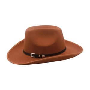 Detailed view of the brown fedora hat featuring a black leather band and silver buckle