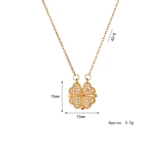 Golden clover necklace with heart petals and small white zircons, length 40+5cm