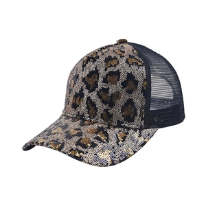 Detailed view of sequined leopard print baseball cap with breathable black mesh back