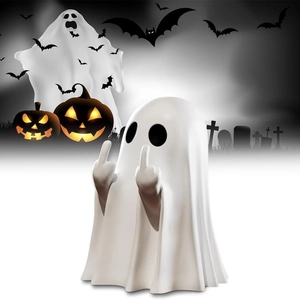 Cute white Halloween ghost figurine showing a middle finger with a spooky pumpkin backdrop