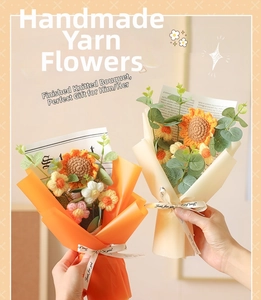 Detail showing hand-held knitted bouquets with sunflowers, daisies and eucalyptus leaves