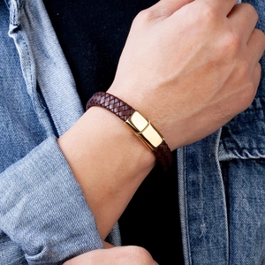 Retro brown braided leather bracelet with gold magnetic clasp for men and women