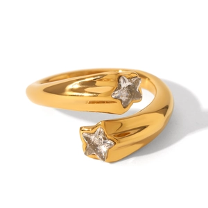 Detailed view of 18K gold-plated stainless steel open ring with two star-shaped zircons