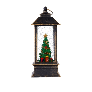 Vintage bronze Christmas lantern with LED snow globe, green tree and gift box inside