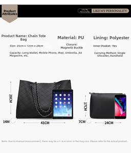 Detailed dimensions of the chain tote bag and smaller inner pouch for daily essentials