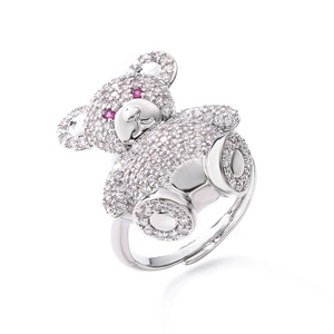 Adjustable silver bear ring with sparkling crystals and pink accents on white background