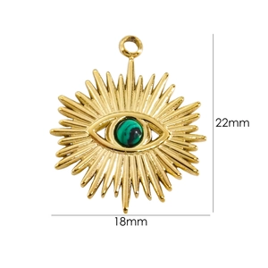 Detailed view of gold sunburst evil eye pendant with malachite inlay measuring 18mm by 22mm