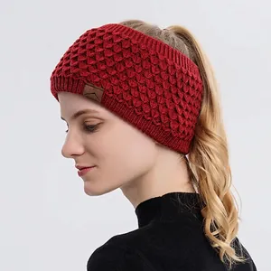 Gestricktes Stirnband Winter Warm Breites Haarband Wabenstruktur Pferdeschwanzloch Lederaufnäher Outdoor Sport Damen