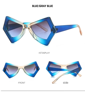 Three views of butterfly bicolor geometric sunglasses in blue and gray blue gradient