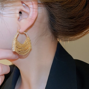 Close-up of 18k gold plated multi-layer chain hoop earrings with cubic zirconia on model