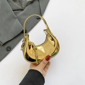 Women Mirror Glossy PU Patent Leather Handbag Crescent Half Moon Shoulder Bag Y2K Metal Finish Rivet Trendy