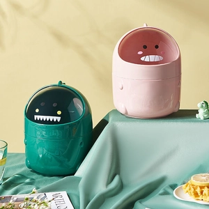 Cartoon Dinosaur Desktop Trash Can Mini Plastic Wastebasket With Flip Lid For Office Vanity Bathroom Cute Storage Bin